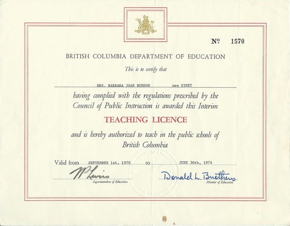 Teaching Licence, BC, 1970